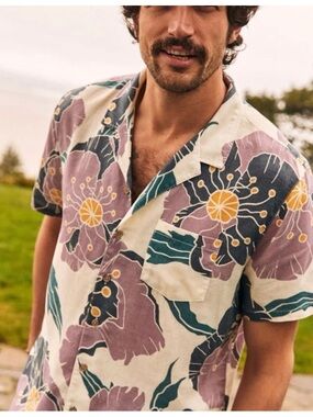 Marine Layer Mens XL Purple Floral Linen Blend Resort Camp Shirt Short Sleeve